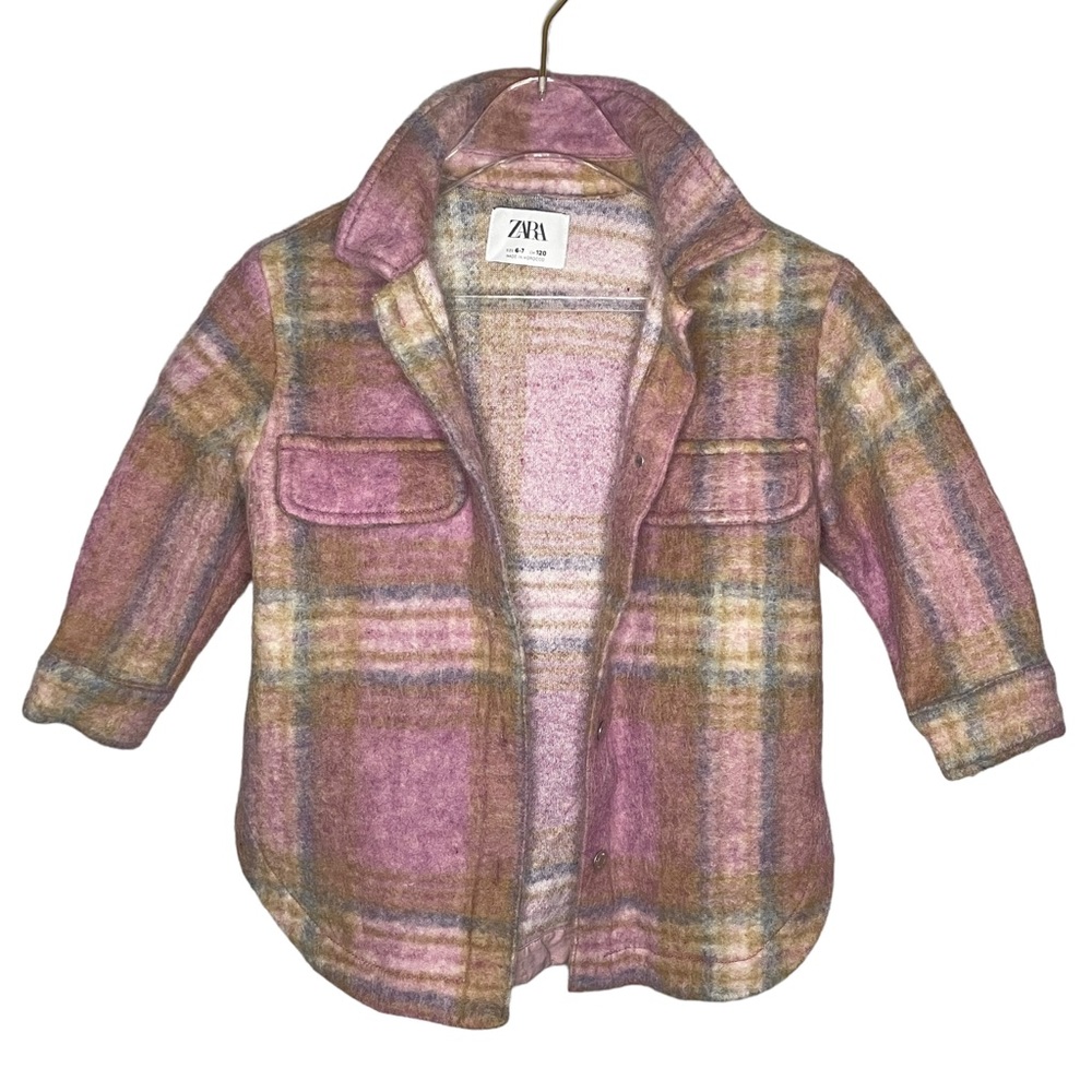 Zara Wool-Blend Pink Plaid Button-Up Shacket Girl’s Size 6-7